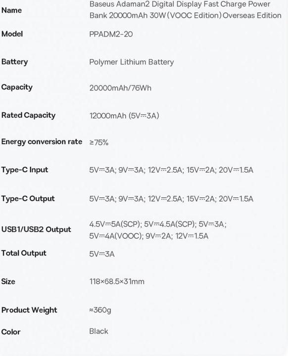Immagine prodotto Baseus Adaman 2 (20000 mAh, 30 W, 76 Wh)