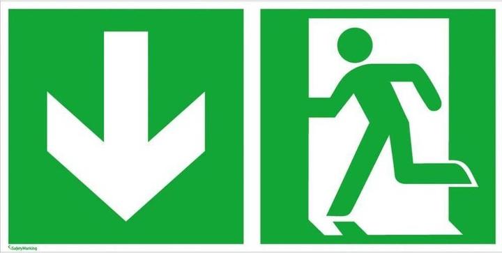 Etichetta energetica SafetyMarking Segnale di via di fuga Uscita di emergenza in alluminio a sinistra, direzione verso il basso