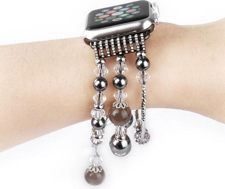 Produktbild Hermex Apple Watch 44mm / 42mm Damen Luxus Charm Armband Perlen SILBER SCHWARZ