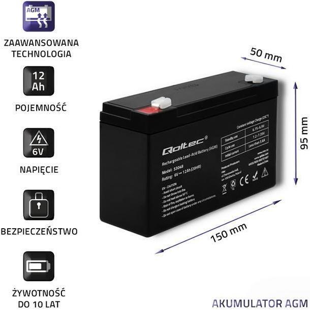 Produktbild Qoltec 53048 AGM battery| 6V| 12Ah - Batterie - 12.000 mAh