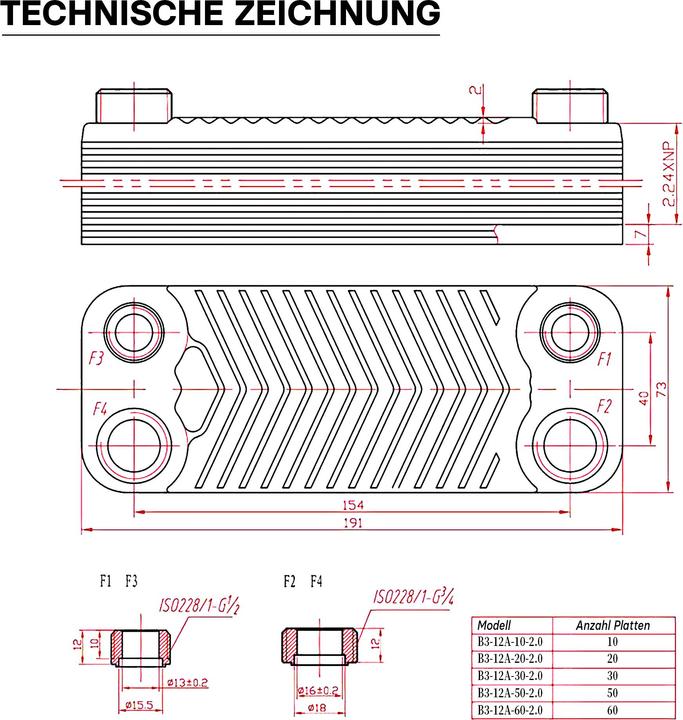 Produktbild Wiltec Edelstahl Wärmetauscher 20 Platten 44 kW Plattenwärmetauscher Wärmeüberträger