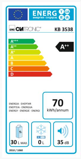 Label énergétique Clatronic 283037 Glacière KB 3538, 283037 (30 l)