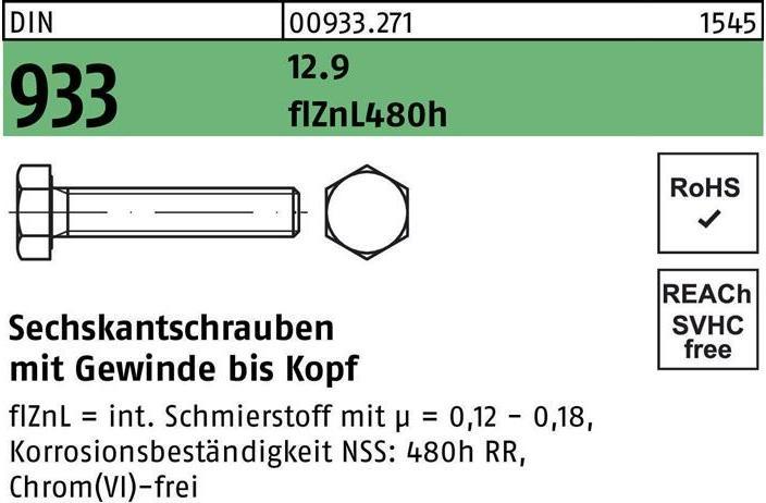 Produktbild Reyher Sechskantschraube DIN 933 VG M 8 x 16 12.9 flZnL 480h zinklamellenbesch. (200 Schrauben pro Stück)