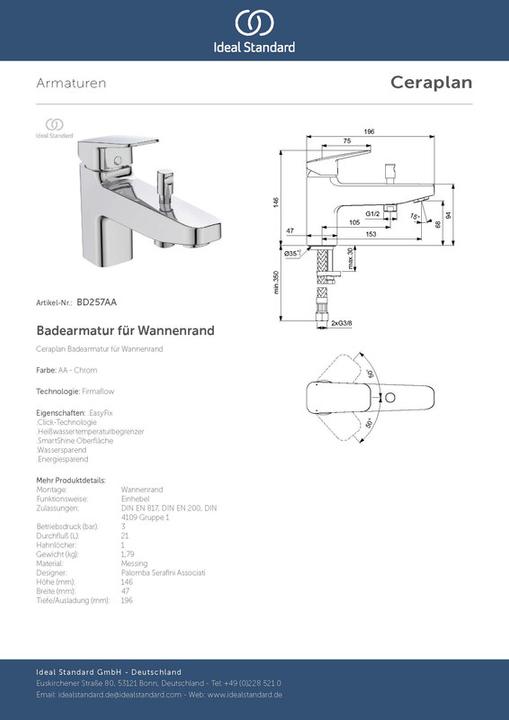 Produktbild Ideal Standard Badearmatur Ceraplan für Wannenrand 47x196x146mm