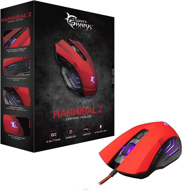 Actual product image White Shark Gaming mouse Hannibal 2, with backlight, 6 buttons, Red (Cable)