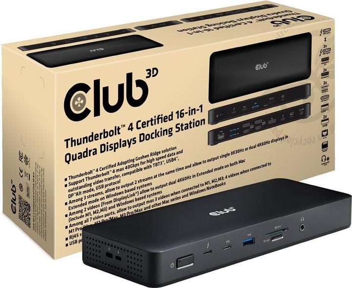 Image du produit Club 3D Station d'accueil Club3D Thunderbolt4 16-en-1 4 écrans St/Bu retail (Thunderbolt, 16 Ports)