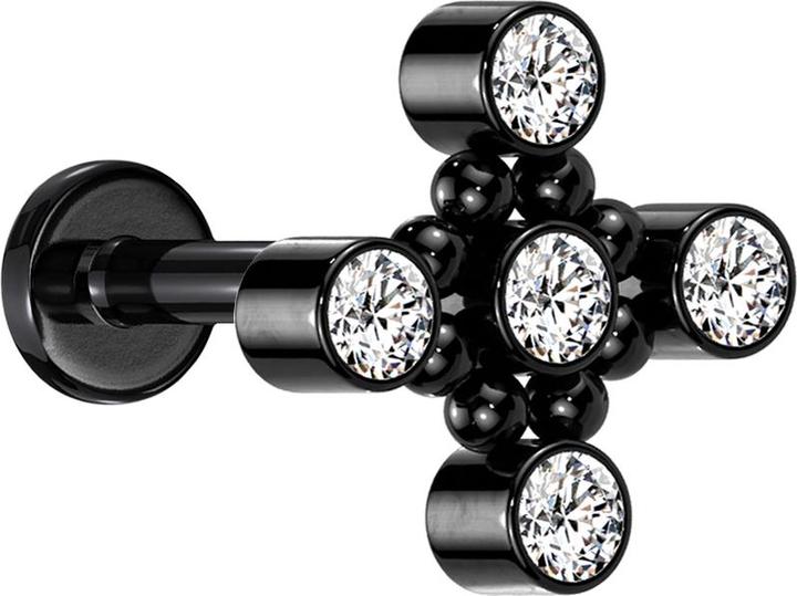 Produktbild Star Piercing Micro Labret Innengewinde schwarz Quadratisch acht Kugeln fünf Kristalle silber (ohne Messing, Titan G23)