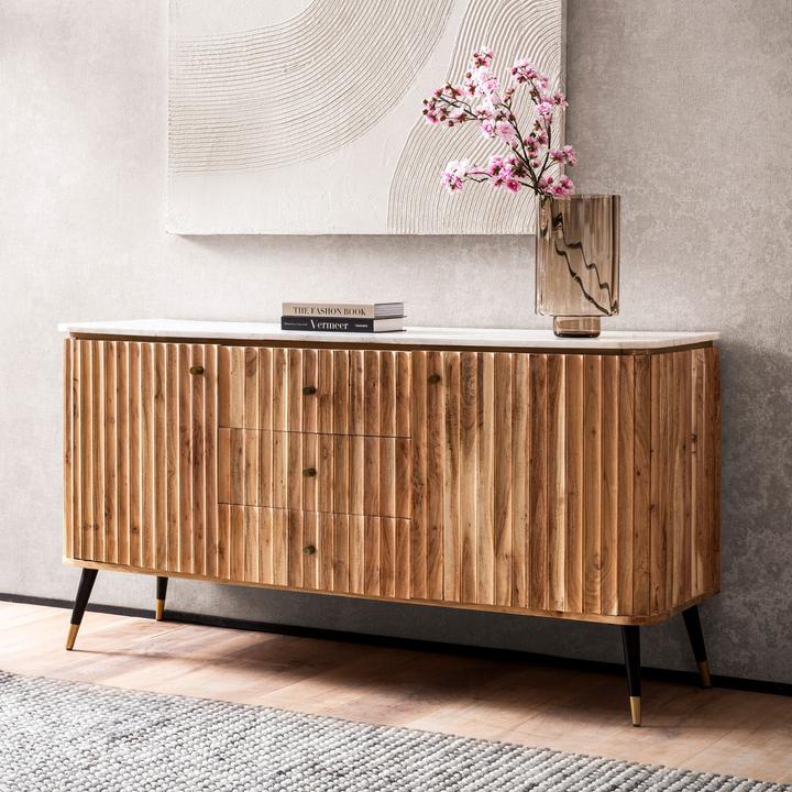 Produktbild FineBuy Sideboard Kommodenschrank 150 cm Massivholz Marmor Türen Schubladen (150 x 80 x 45 cm)