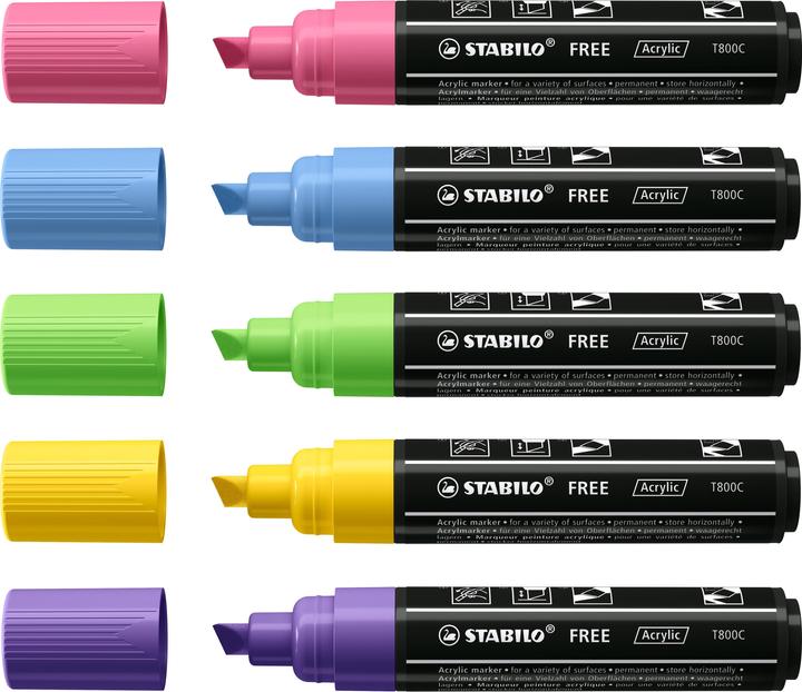 Immagine prodotto STABILO Marcatore acrilico Free Acrylic T800C Seasi 5-case (Verde chiaro, Lilla, Rosa, Giallo, Blu chiaro, 10 mm, 5 x)