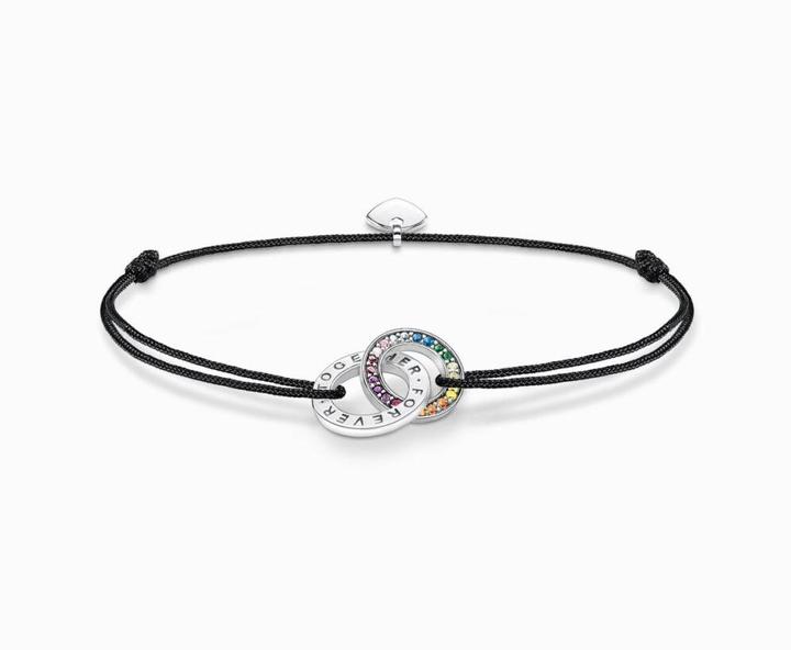 Actual product image Thomas Sabo Textile Bracelet Black with Two Rings Coloured Stones Silver Blackened (22 cm, 925 silver)
