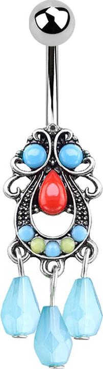 Actual product image Star Piercing Banana silver tribal filigree with pendant three beads (Brass, Surgical steel 316L)