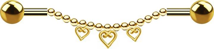 Produktbild Star Piercing Barbell vergoldet zwei Kugeln Kette drei Herzen (Chirurgenstahl 316L)