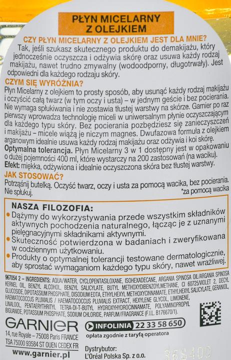 Produktbild Garnier Skin Naturals two-phase micellar water with argan oil 400ml (Mitesserentferner, 400 ml)