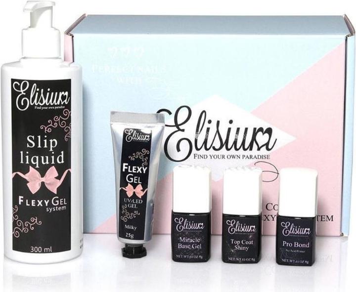 Image du produit Elisium Pro Bond + Miracle Base Gel + FlexyGel Milky & Slip Liquid + Top Coat Shiny hybrid starter kit