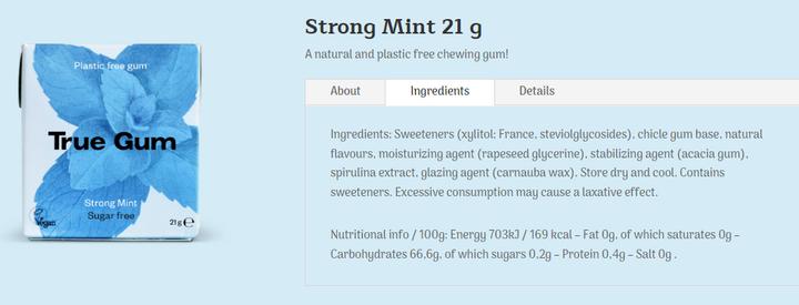 Valori nutrizionali e ingredienti True Gum Menta forte (1 pz., 21 g)