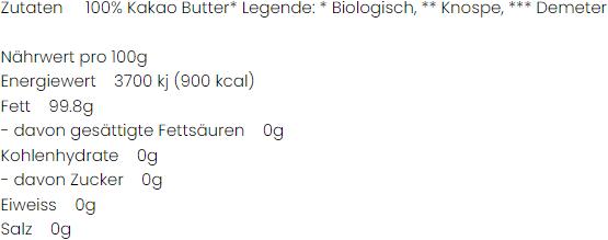 Valeurs nutritives et ingrédients vegalife Beurre de cacao bio (150 g)