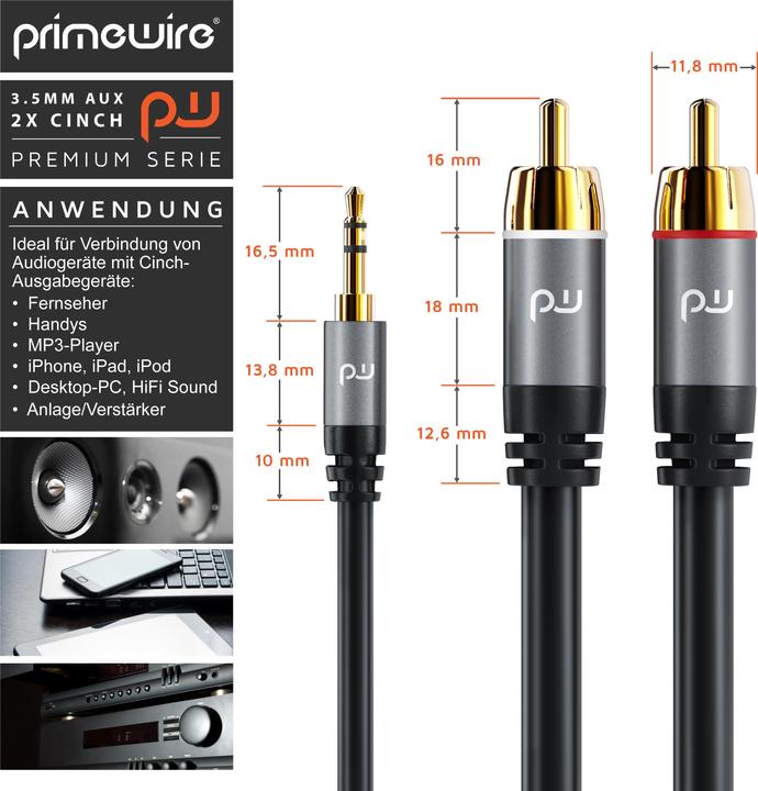 Image du produit Primewire Câble RCA - Câble audio RCA vers jack 3,5mm, RCA, AUX, adaptateur stéréo Hi-Fi multi-blindé (1 m, Jack 3,5 mm (AUX), RCA)
