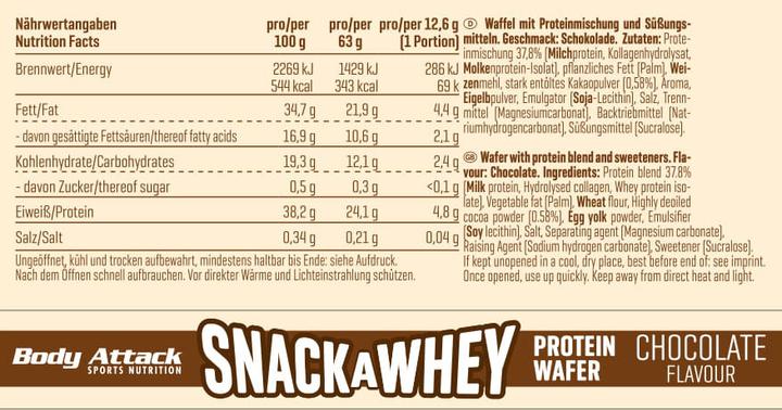 Valori nutrizionali e ingredienti Body Attack Snack A Whey Protein Wafer (18 x 63g) (Chocolate, 18 pz.)