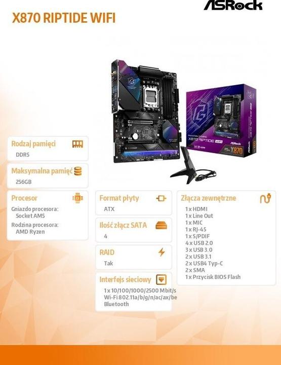 Productafbeelding AsRock MB AMD AM5 X870 Riptide WiFi (AM5, AMD X870, ATX)