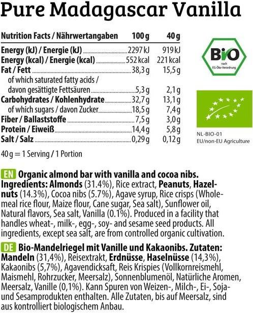 Valori nutrizionali e ingredienti HEJ Nutrition Morso (40g) (Mandorle e sale marino, 1 pz., 40 g)