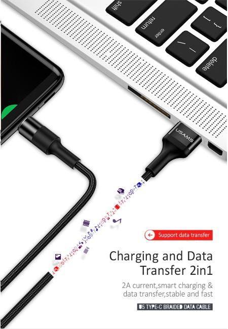 Image du produit Usams US-SJ221 U5 Braided Wire USB to Type-C Data & 2A Charger Round Plug Cable 1.2m Juodas (1.20 m, USB 2.0)