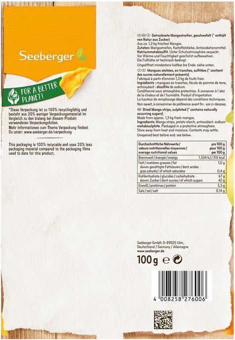 Valori nutrizionali e ingredienti Seeberger Mango (100 g)