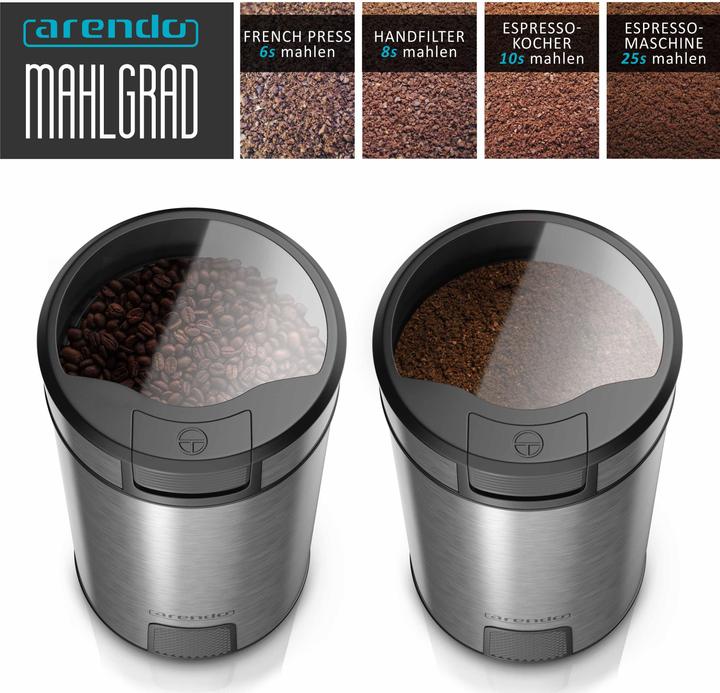 Produktbild Arendo Elektrische Kaffeemühle Edelstahl, Gewürzmühle Coffee Grinder Schrotmühle, Edelstahlmesser