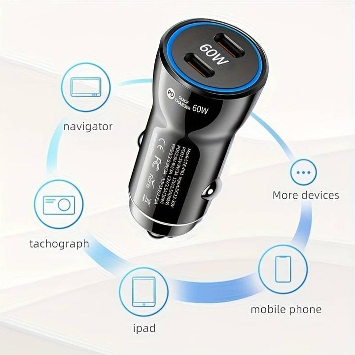PhoneLook Ladeadapter Zigarettenanzünder 60W Doppel USB-C Ladegerät PD 3.0 Power Delivery