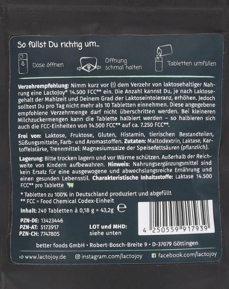 Valori nutrizionali e ingredienti Lactojoy Confezione di ricarica di lattasi (240 Pezzo/i, Pillole, 43.20 g)