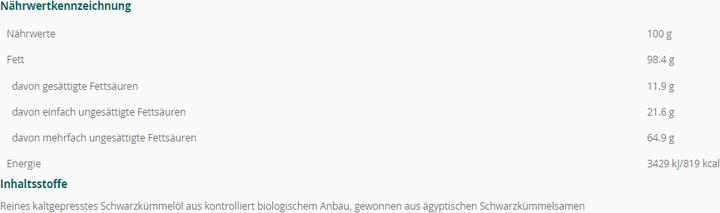 Nährwerte und Zutaten Amazonas Schwarzkümmelöl 100% Bio Ägypten (1 Stück, Öl, 483 g)