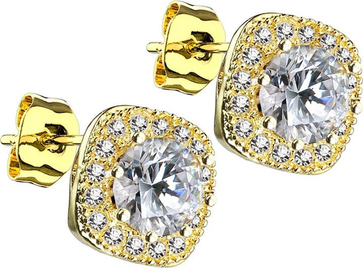 Produktbild Star Piercing Ohrstecker 14k vergoldet quadratisch mit Kristall Umrandung und Kristall mittig (Chirurgenstahl 316L, Messing)