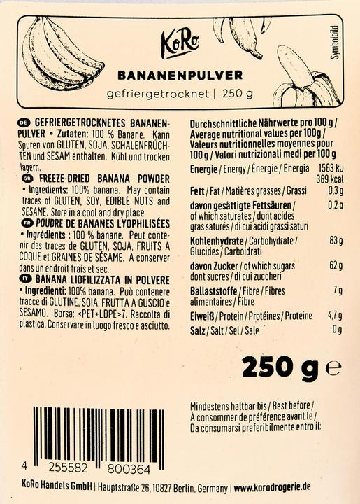 Valori nutrizionali e ingredienti KoRo Banana liofilizzata in polvere 250 g (250 g)