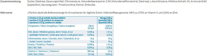 Valeurs nutritives et ingrédients Klosterfrau boisson chaude sureau chaud (nouveau) (1 pièce(s), Beutel, 192 g)