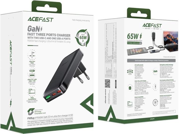 Actual product image Acefast A100 65W GaN 2 USB-C+ USB-A Charger Ultra Slim - Black (65 W)
