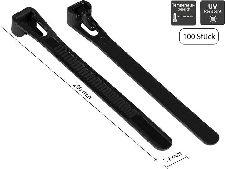 Actual product image Good Connections Reusable cable tie 200 mm x 7.4 mm, black, UV-resistant, -40 °C to +85 °C, 100 pcs. (Plastic cable ties, 200 mm, 100 pcs.)