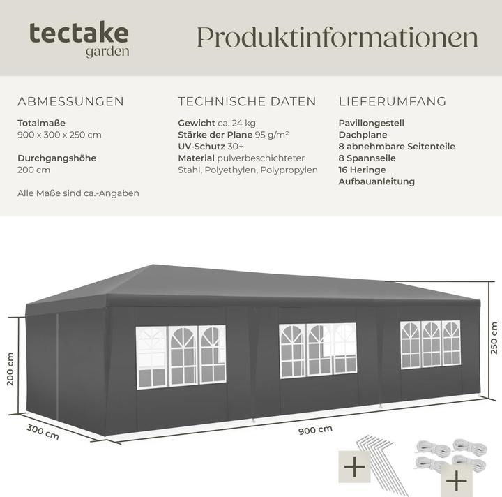 Image du produit tectake pavillon Miramas avec 8 côtés, imperméable, 9x3m (900 cm, 300 cm)