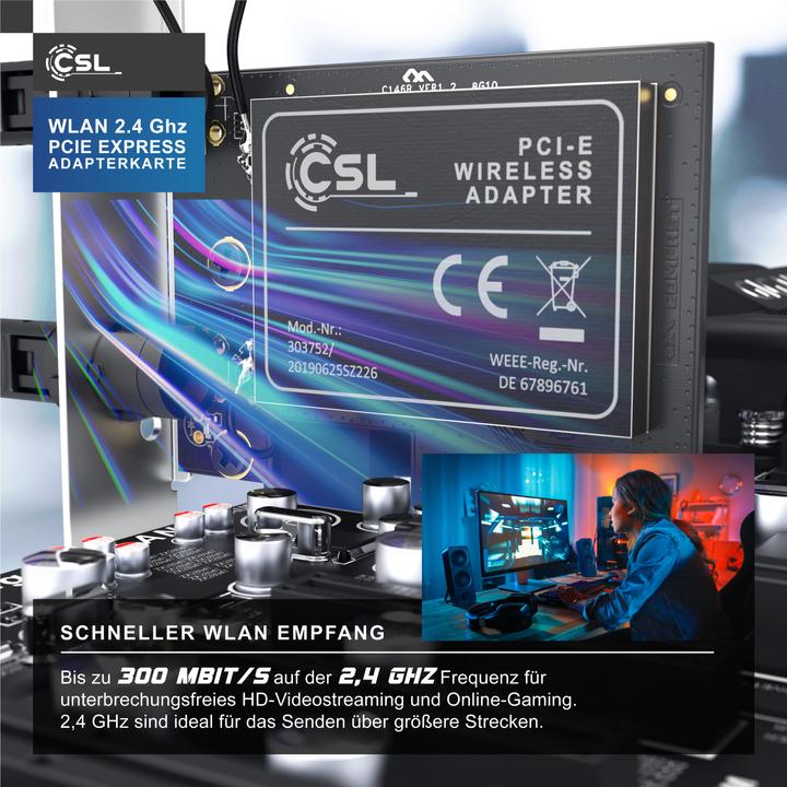 Immagine prodotto CSL Scheda di rete WLAN 2,4 Ghz PCIe, scheda adattatore WiFi 300 Mbit/s con 2x antenne esterne (Mini PCI Express)