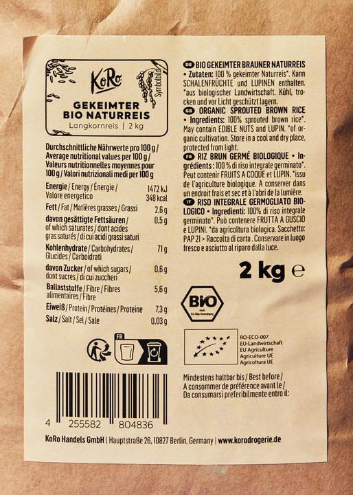 Valeurs nutritives et ingrédients KoRo Riz brun naturel germé bio (2000 g)