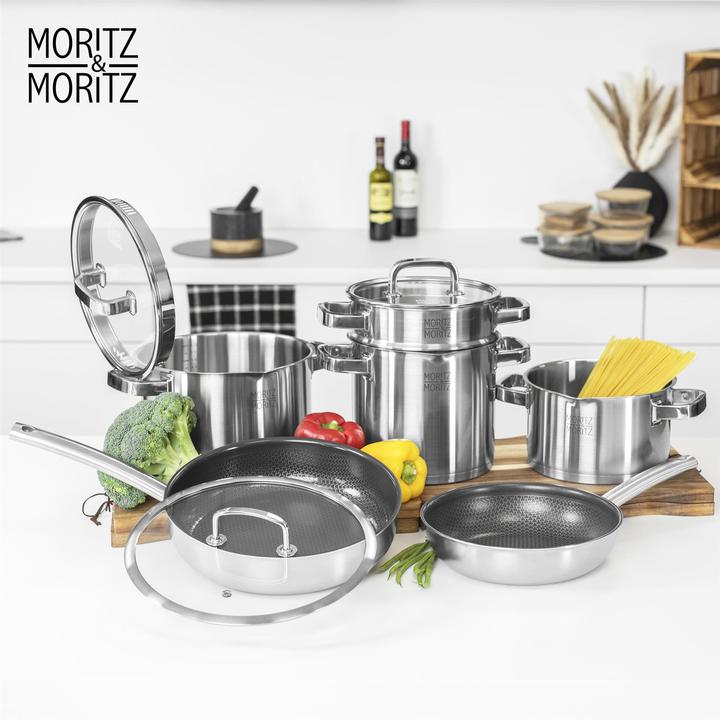 Actual product image Moritz & Moritz Stainless steel pan honeycomb structure 28cm with latest generation ceramic coating (Pan set + pot set, Stainless steel)
