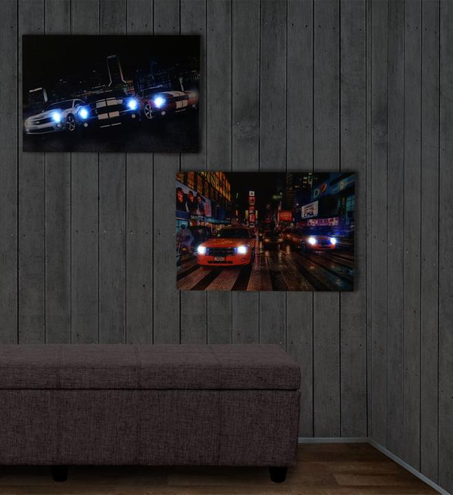 Produktbild Swisshandel24 2x LED-Bild Leinwandbild Leuchtbild Wandbild 60x40cm, Timer - Cars (60 x 40 cm)