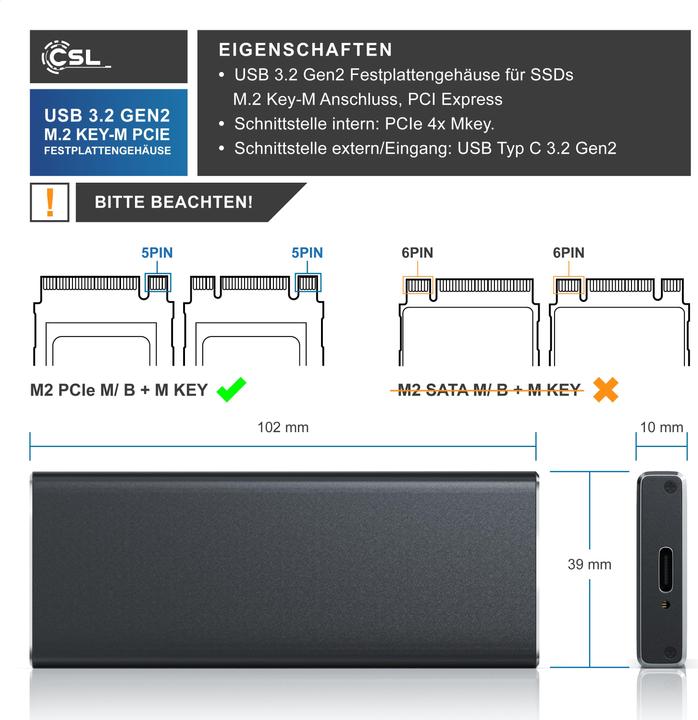 Produktbild CSL Festplatten Gehäuse, M.2 Key-M PCIe Festplattengehäuse extern USB 3.2 für NVME M.2 SSDs, UASP (M.2)