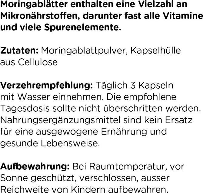 Valori nutrizionali e ingredienti Kanela Capsule di moringa (75 pezzi) (1 Pezzo/i)
