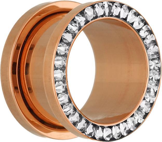 Star Piercing Flesh Tunnel rosegold mit Kristall silber und Epoxy Schutzschicht (Chirurgenstahl 316L)