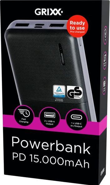 Immagine prodotto Grixx Powerbank 15000mAh Power Delivery Micro USB e USB-C Nero (15000 mAh, 55.50 Wh)