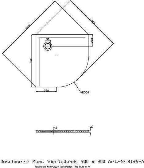 Produktbild Hoesch Viertelkreis-Duschwanne MUNA 900x900x30mm we