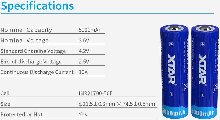Immagine prodotto Xtar Batteria 5000mAh 3.6V 21700 con PCB (1 pz., Specifico del dispositivo, 5000 mAh)