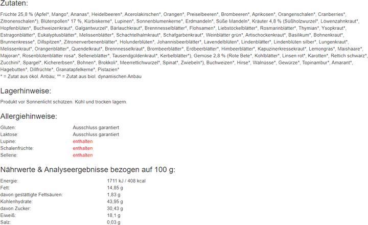 Nutritional values and ingredients Jentschura WurzelKraft Feingranulat Bio (1 Piece, Granulate, 60 g)