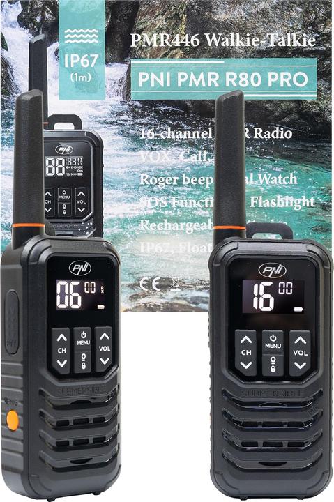 Actual product image PNI Portable radio PMR R80 PRO, set of 2, 0.5 W, 16 channels, waterproof IP67, with LED torch