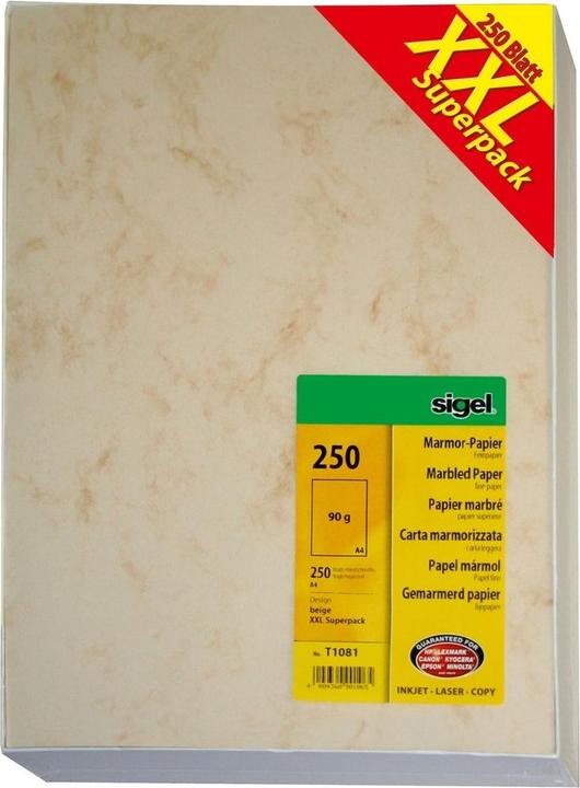 Immagine prodotto Sigel Carta marmorizzata "XXL Superpack", A4, 90 gsm, carta fine beige, marmorizzata su entrambi i lati (90 g/m², 250 x, A4)