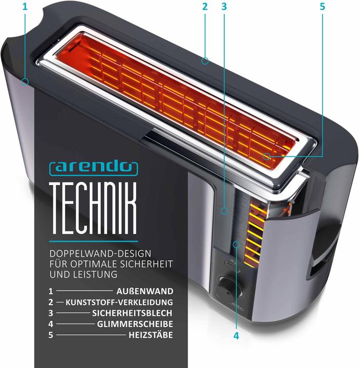 Produktbild Arendo Toaster Edelstahl 2 Scheiben Langschlitz, Display mit Restzeitanzeige, Brötchenaufsatz, Doppelwand